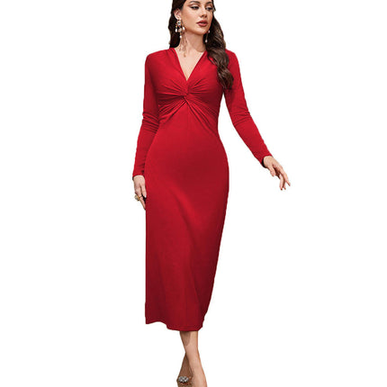 Women Sexy V Neck Twist Front Long Sleeve Midi Dress A Line Slim Midi Dress