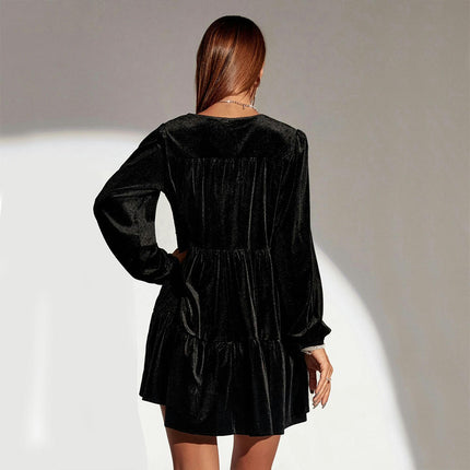 Women Velvet V Neck Babydoll Tunic Dress Long Sleeves Loose Flowy Swing Dresses