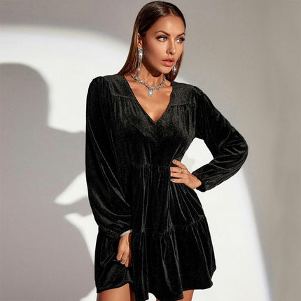 Women Velvet V Neck Babydoll Tunic Dress Long Sleeves Loose Flowy Swing Dresses