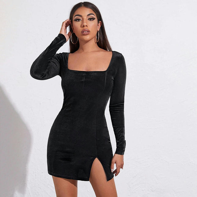 Womens Sexy Velvet Long Sleeve Square Neck Bodycon Split Elegant Mini Party Dress