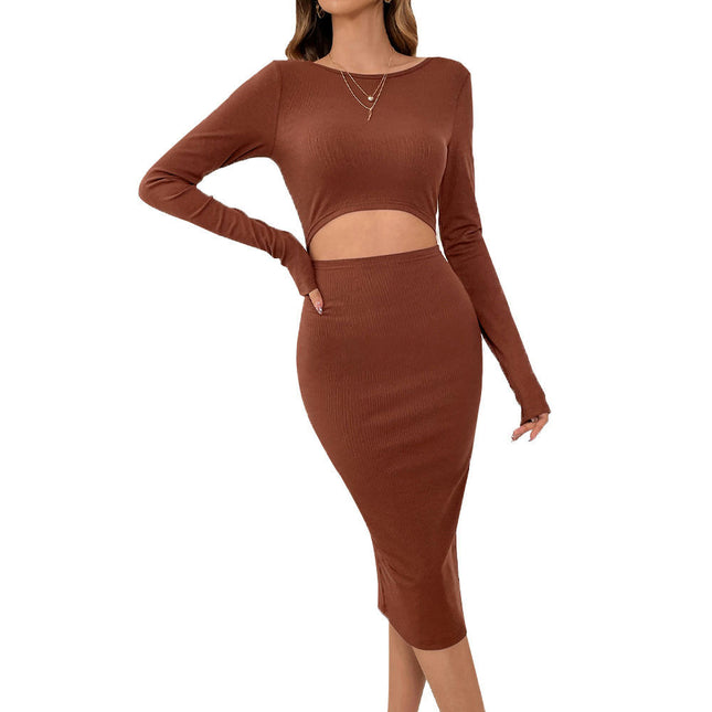 Women's Long Sleeve Midi Bodycon Dresses Casual Crewneck Cut Out Fitted Dress