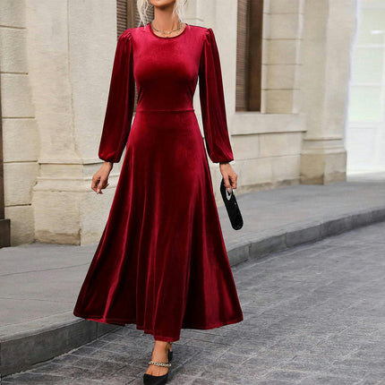 Women's Velvet Maxi Dress Long Sleeve Crewneck Backless A-Line Cocktail Party Dresses