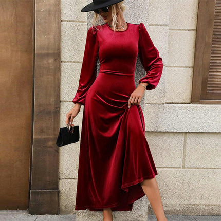 Women's Velvet Maxi Dress Long Sleeve Crewneck Backless A-Line Cocktail Party Dresses