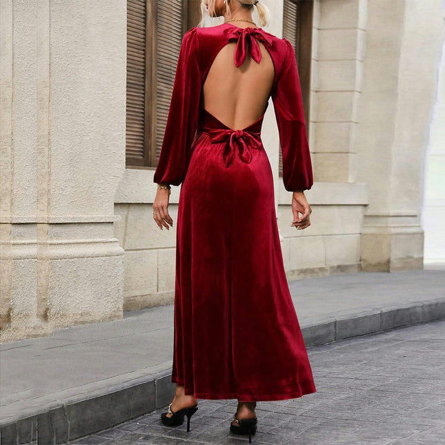 Women's Velvet Maxi Dress Long Sleeve Crewneck Backless A-Line Cocktail Party Dresses