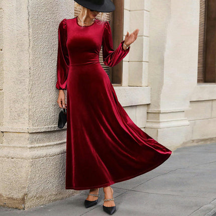 Women's Velvet Maxi Dress Long Sleeve Crewneck Backless A-Line Cocktail Party Dresses