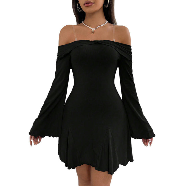 Women's Long Sleeve Dress Sexy Off Shoulder Ruffle Flowy Bodycon Mini Dresses