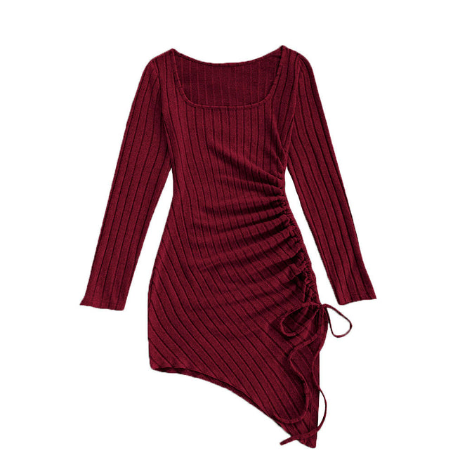 Women's Square Neck Long Sleeve Ruched Bodycon Mini Dress Drawstring Clubwear Dresses