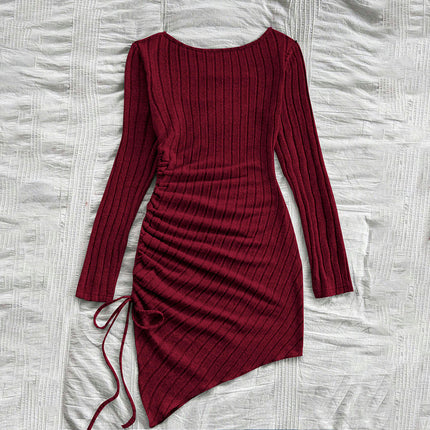 Women's Square Neck Long Sleeve Ruched Bodycon Mini Dress Drawstring Clubwear Dresses