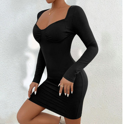 Women's Mini Dress Sexy Sweetheart Neck Long Sleeve Ruched knit Bodycon Party Club Dress