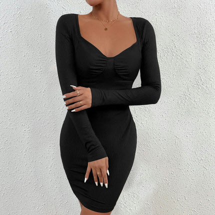 Women's Mini Dress Sexy Sweetheart Neck Long Sleeve Ruched knit Bodycon Party Club Dress