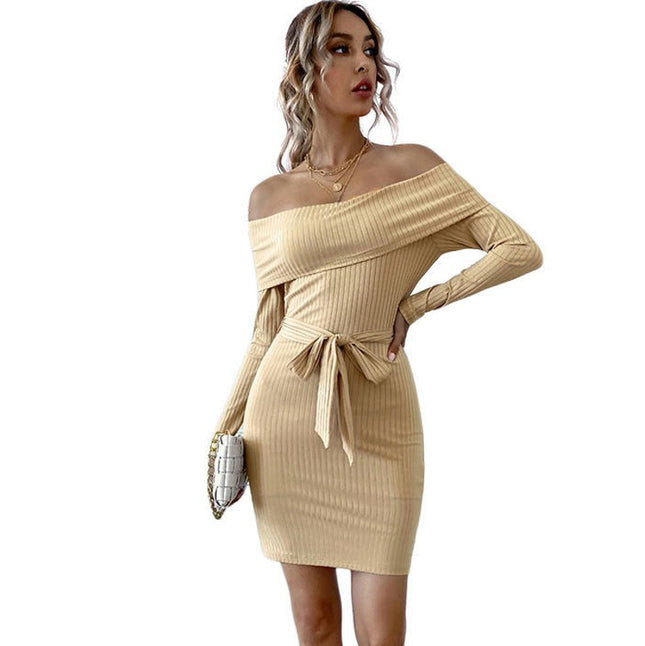 Women's Sexy Off Shoulder Long Sleeve Mini Dress Tie Waist Bodycon Party Dress