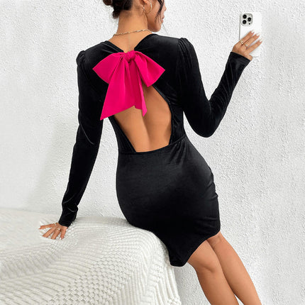 Bodycon Velvet Dress for Women V Neck Long Sleeve Backless Cocktail Party Mini Dresses