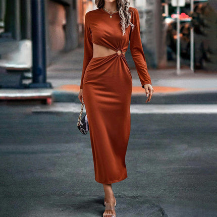 Women's Sexy Cutout Crew Neck Dresses Long Sleeve Bodycon Split Maxi Dress