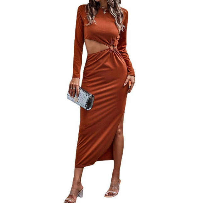 Women's Sexy Cutout Crew Neck Dresses Long Sleeve Bodycon Split Maxi Dress