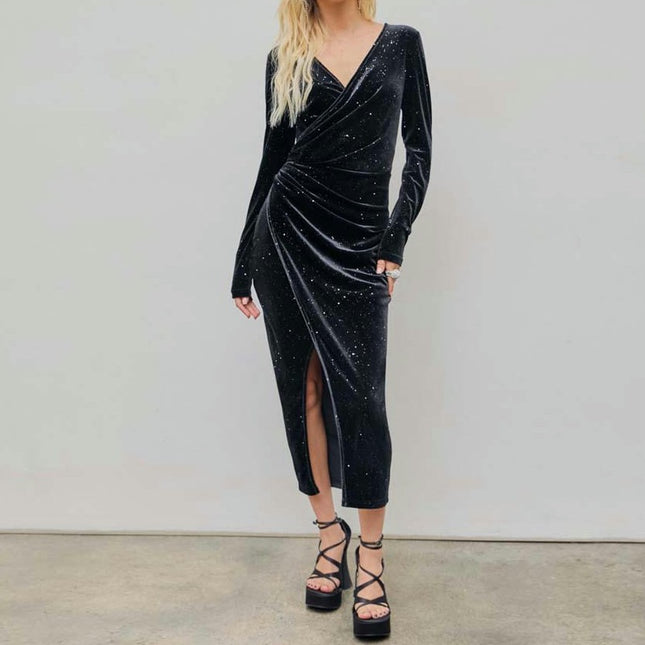 Women's V Neck Long Sleeve Velvet Bodycon Midi Dress Glitter Ruched Cocktail Party Dresses