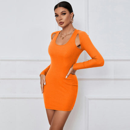 Womens Long Sleeve Crew Neck Cut Out Bodycon Slim Fit Party Mini Dress