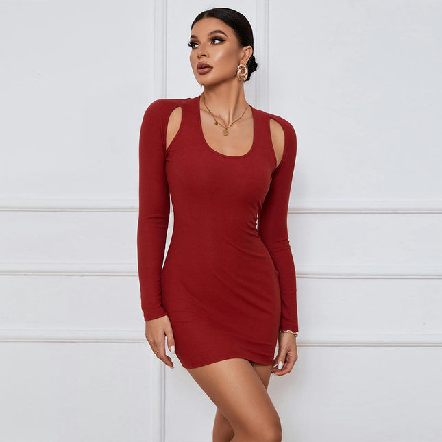 Womens Long Sleeve Crew Neck Cut Out Bodycon Slim Fit Party Mini Dress