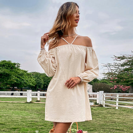 Women's Sexy Spaghetti Strap Dresses Off Shoulder Long Sleeve Loose Mini Dress