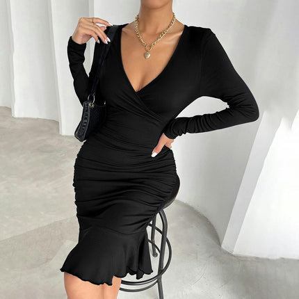 Women's Wrap V Neck Long Sleeve Ruched Ruffled Cocktail Party Bodycon Midi Dress