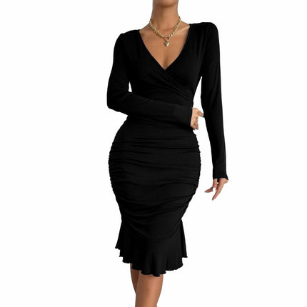 Women's Wrap V Neck Long Sleeve Ruched Ruffled Cocktail Party Bodycon Midi Dress