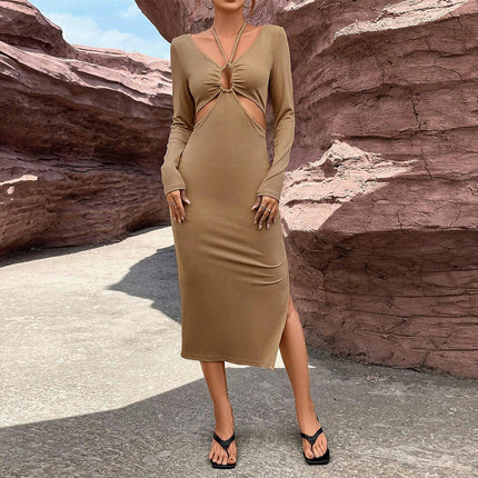 Women's Midi Dress Long Sleeve Cut Out V Neck Drawstring Slit Knit Bodycon Dresses