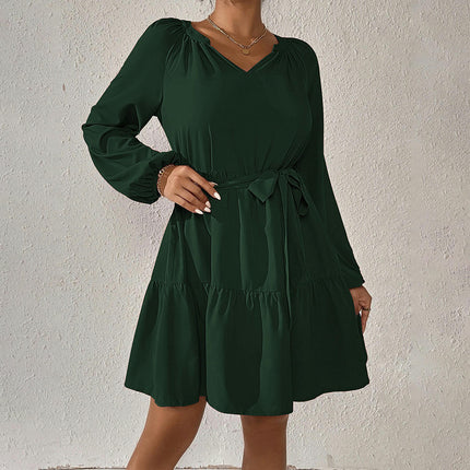 Women's V-Neck Long Sleeve Short Dress Waist Tie Ruffle A Line Swing Mini Dresses