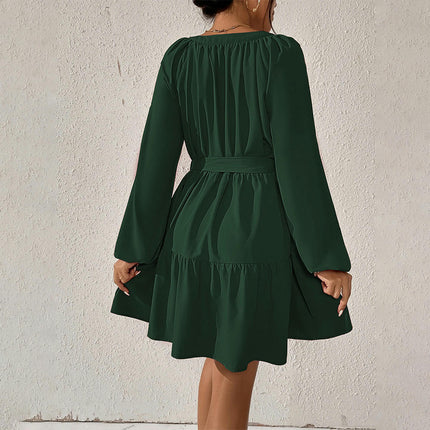 Women's V-Neck Long Sleeve Short Dress Waist Tie Ruffle A Line Swing Mini Dresses