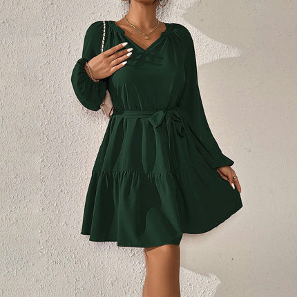 Women's V-Neck Long Sleeve Short Dress Waist Tie Ruffle A Line Swing Mini Dresses