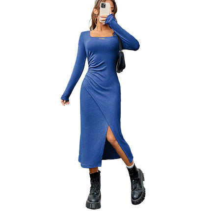 Women's Sexy Long Sleeves Ruched Split Square Neck Bodycon Party Club Midi Dress