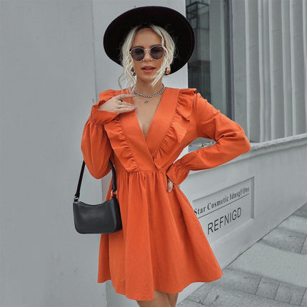 Women's Sexy Long Sleeve Ruffled Deep V Neck Dress Casual A Line Flowy Swing Mini Dresses