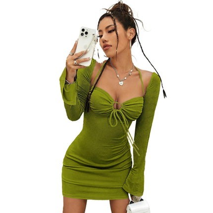 Women's Sexy Halter Tie Long Sleeves Ruched Mini Dress Sweetheart Neck Party Short Dresses