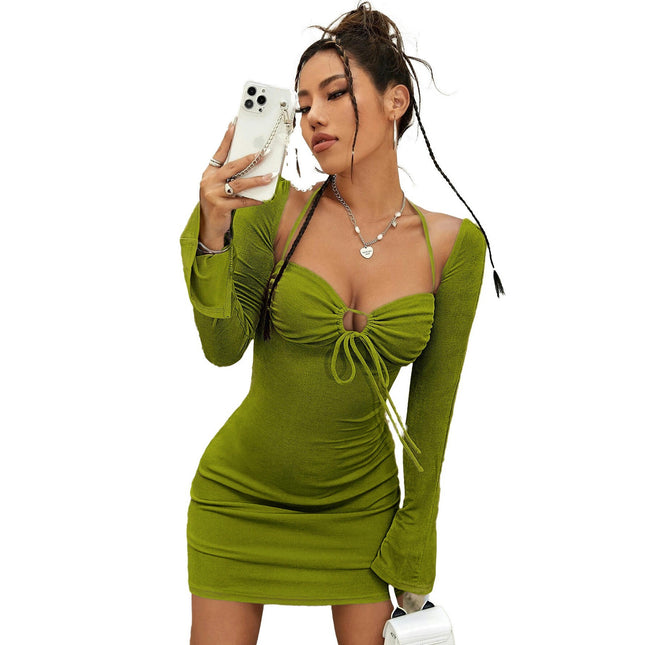 Women's Sexy Halter Tie Long Sleeves Ruched Mini Dress Sweetheart Neck Party Short Dresses