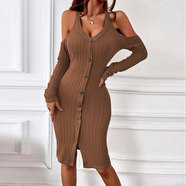 Women's Sexy V Neck Cold Shoulder Midi Dress Long Sleeve Button Down Bodycon Dresses