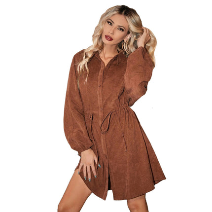 Women's Turn Down Collar Long Sleeve Corduroy Button Down Shirt Dress