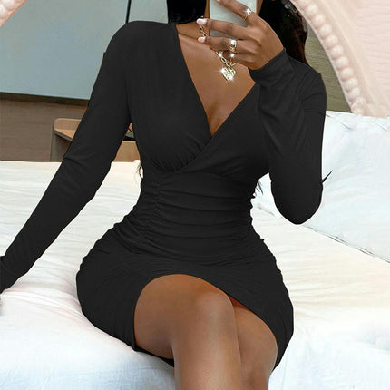 Women's Sexy Bodycon Mini Dress Long Sleeve Deep V Neck Ruched Party Cocktail Short Dresses