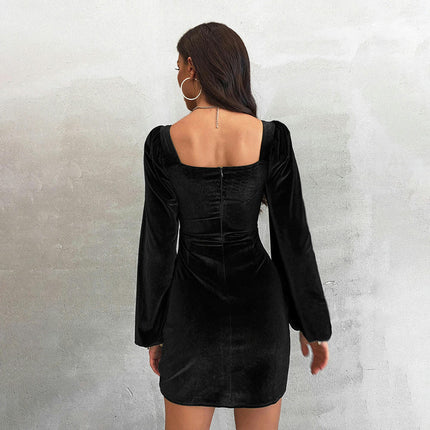 Womens Velvet Tie V Neck Long Sleeve Bodycon Ruched Cut Out Short Mini Dress