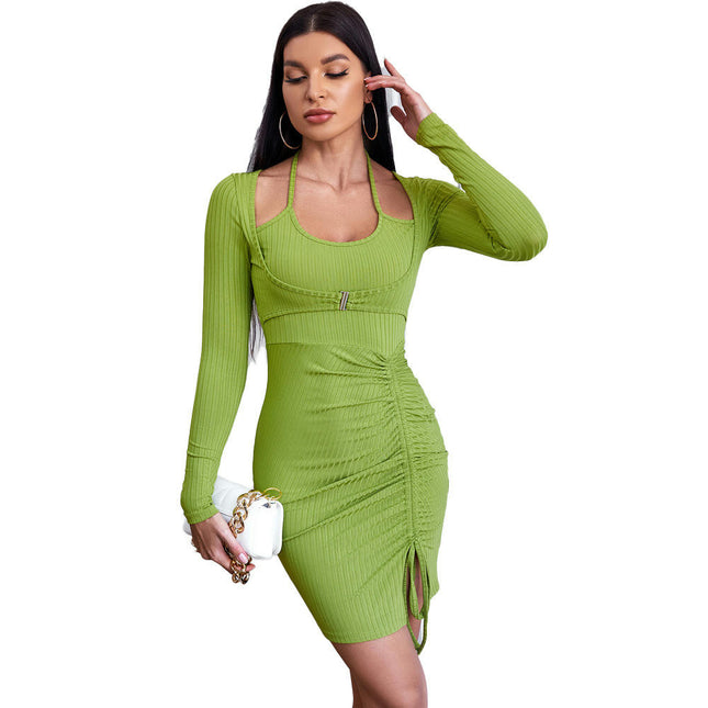 Womens Bodycon Ruched Mini Dress Long Sleeve Drawstring Casual Party Club Dresses