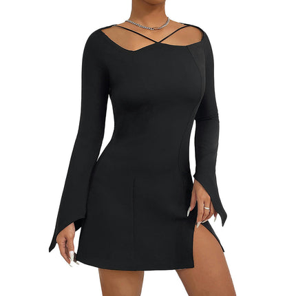 Women's Square Neck Long Sleeve Mini Dress Side Split Slim Fit Clubwear Casual Dresses