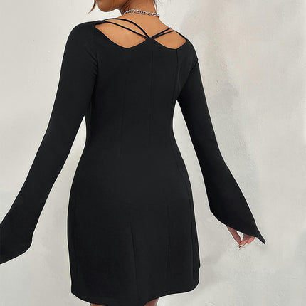 Women's Square Neck Long Sleeve Mini Dress Side Split Slim Fit Clubwear Casual Dresses