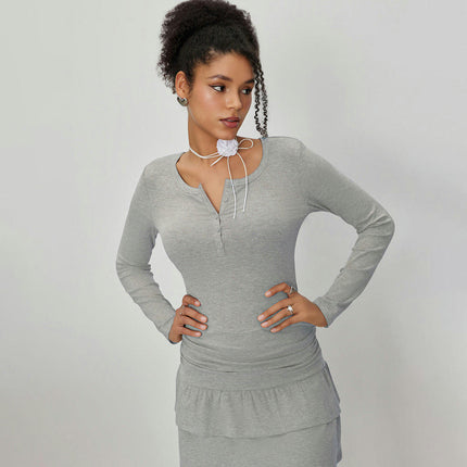 Women Bodycon Fall Mini Dress Plain Solid Crew Neck Long Sleeve Ruffled Casual Short Dresses