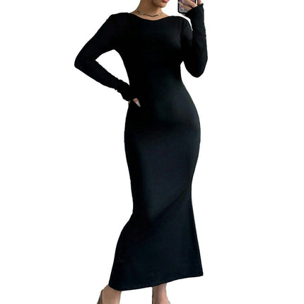 Womens Fall Bodycon Maxi Dresses Casual Long Sleeve Solid Color Crew Neck Backless Dress