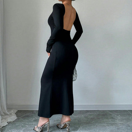 Womens Fall Bodycon Maxi Dresses Casual Long Sleeve Solid Color Crew Neck Backless Dress