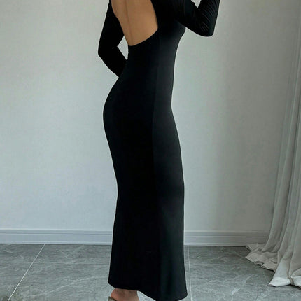 Womens Fall Bodycon Maxi Dresses Casual Long Sleeve Solid Color Crew Neck Backless Dress