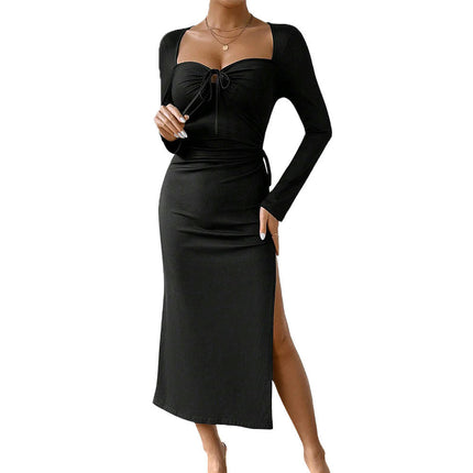 Women's Sexy Bodycon Long Sleeves Tie Sweetheart Neck Split Party Club Midi Dress