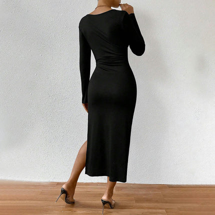 Women's Sexy Bodycon Long Sleeves Tie Sweetheart Neck Split Party Club Midi Dress