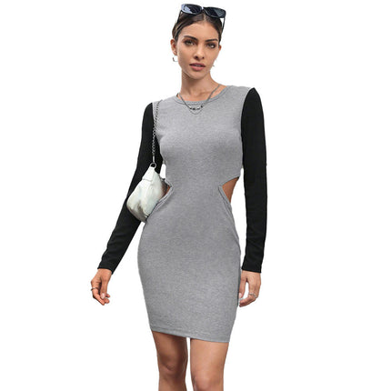 Women Cut Out Bodycon Fall Mini Dress Color Block Crew Neck Long Sleeve Casual Short Dresses