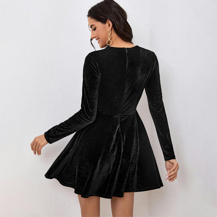 Womens Crew Neck Long Sleeve Velvet A Line Cocktail Party Swing Skater Mini Dress