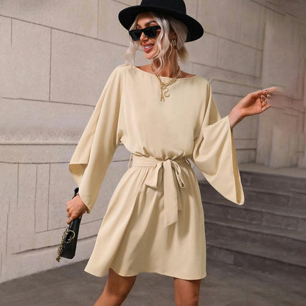 Womens Loose Short Dresses Crew Neck Long Sleeve Tie Waist A-Line Casual Mini Dress