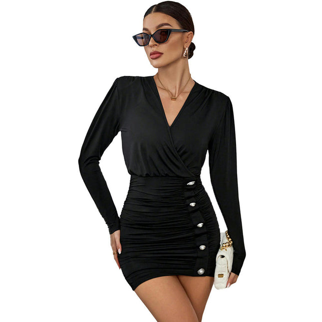 Women's Sexy Bodycon Mini Dress Long Sleeve V Neck Ruched Party Cocktail Short Dresses