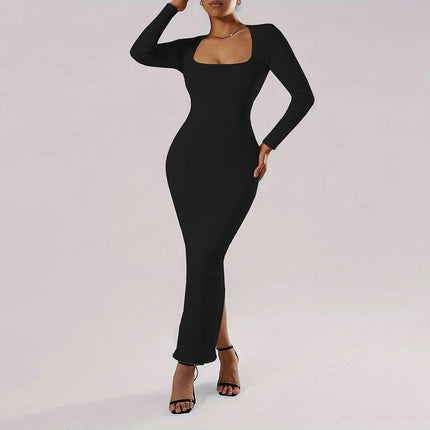 Long Sleeve Square Neck Maxi Dress for Women Elegant Split Cocktail Club Party Dresses